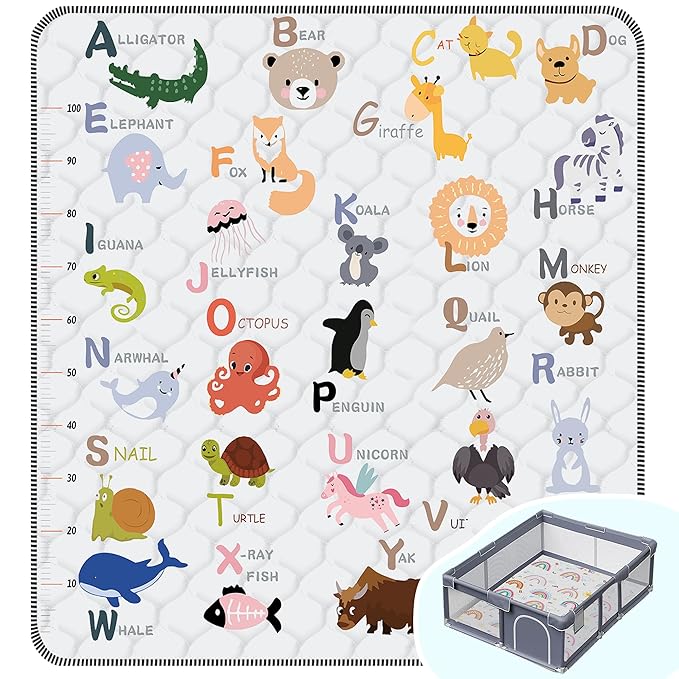 Baby Play Mat，Thick Soft 71" X 59" Playpen mat, Non-Slip and Machine Washable Baby Play Mats for Floor，Crawling Mat for Babies, Toddlers & Infants to Play and Learn (Animal Alphabet-A)