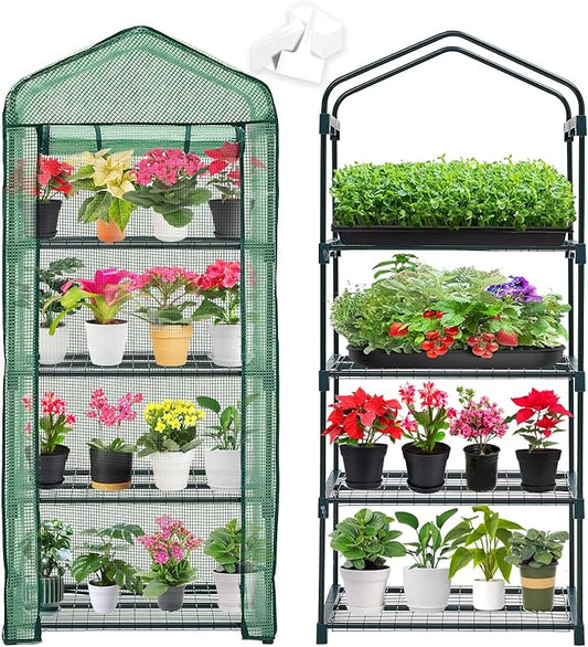 Mini Greenhouse for Indoor Outdoor,Plant Green House 4-Tier Rack Stand Portable Greenhouses with Durable PE Cover for Seedling, 2.5x1.6x5.2 FT Ideal Gardening Gifts for Women Men(PLGH704G)