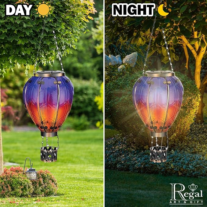 Regal Art & Gift Hot Air Balloon Solar Lantern – Hanging Solar-Powered LED Lights, Waterproof Portable Decorative Outdoor Lamp Made of Metal & Glass for Garden, Patios & Pathway – Purple (Large)