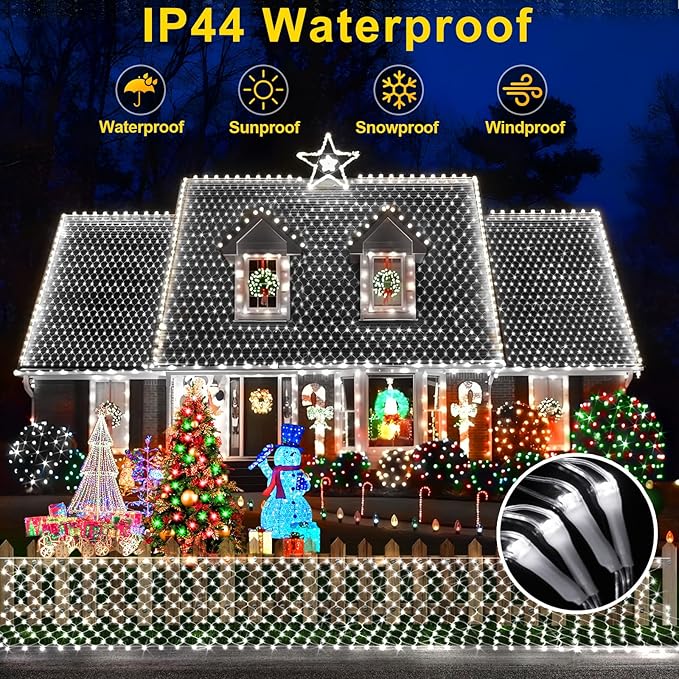 KNONEW Christmas Net Lights 360 LEDs 13ft x 9.8ft Outdoor Mesh Lights Connectable Waterproof 8 Modes & Timer Plug-in Net Fairy Lights for Bushes Garden Party Wedding Holiday,Cool White