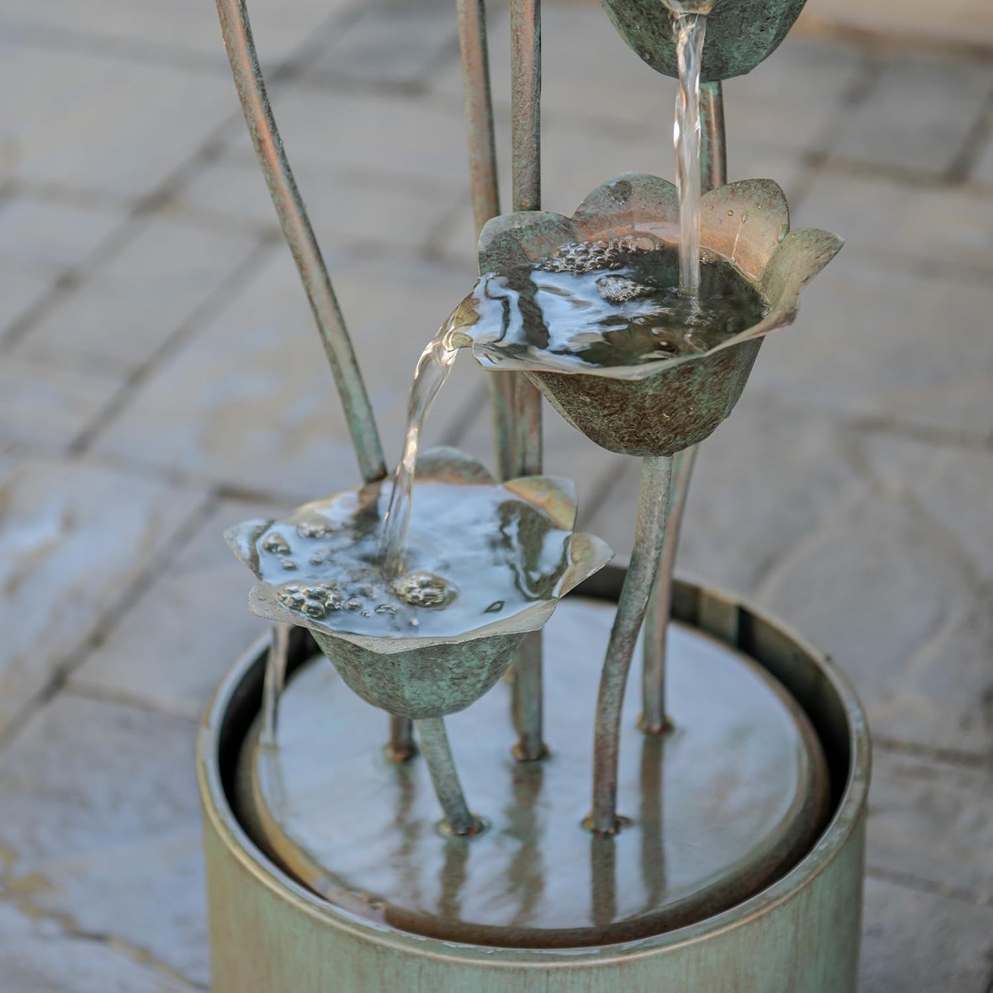 XBrand Sculptural Freestanding Metal Multi-Tiered Water Fountain w/Flowers, No LED Lights, Silver, 35" Tall