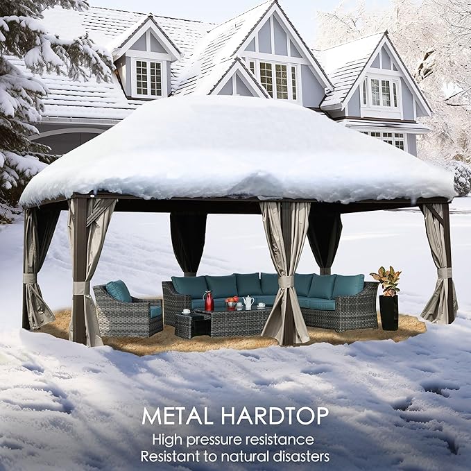 Kozyard Alexander 12' X 20' Permanent Aluminum Hardtop Gazebo with Galvanized Steel Double Roof Canopy, Curtain and Netting or Patio, Backyard, Deck, Lawn (Brown)