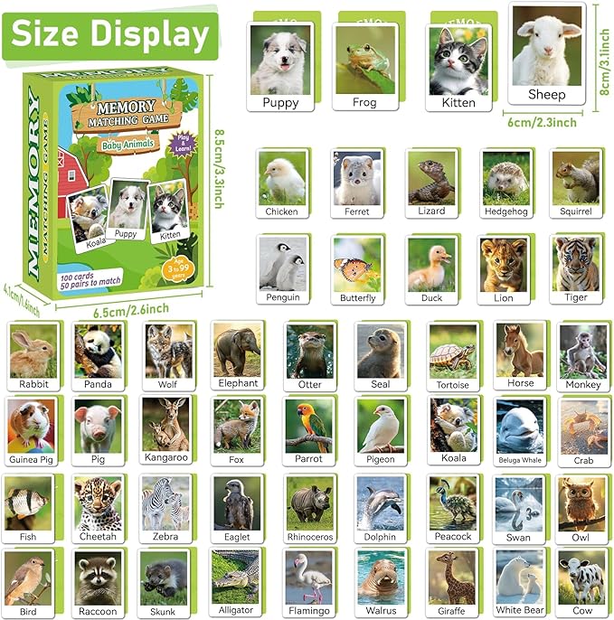 gisgfim 50 Pairs Memory Matching Game Animal Babies Concentration Memory Card Educational Game for Kids Adults A Fun & Fast Baby Animals Game Toddlers Preschool Family Board Gift Matching Games