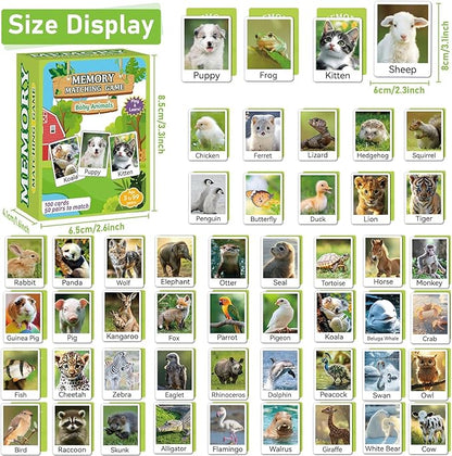 gisgfim 50 Pairs Memory Matching Game Animal Babies Concentration Memory Card Educational Game for Kids Adults A Fun & Fast Baby Animals Game Toddlers Preschool Family Board Gift Matching Games