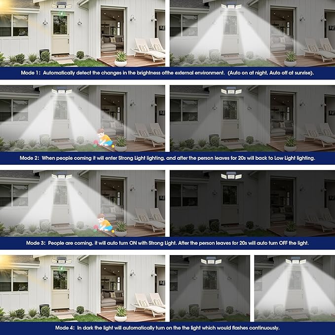 Solar Lights Outdoor Waterproof, Motion Sensor & Flood Outdoor Lights with Remote Control, 4 Adjustable Modes, 3000LM & 218 LED, High-Energy-Density Solar Panel-Monocrystalline Technology, 2 Pack