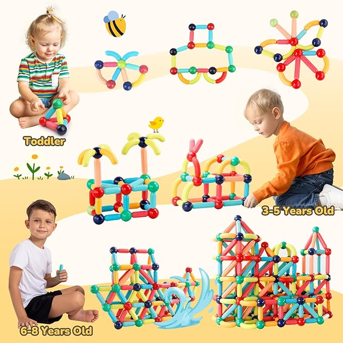64PCS Magnetic Building Blocks - Montessori Sensory Toys with Stronger Magnets, STEM Learning Toys for Kids, Creative Construction DIY Kit Gift for Boys & Girls