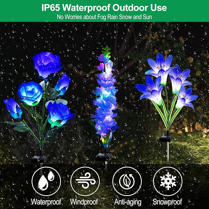 Solar Garden Lights Waterproof, 3 Pack Solar Flowers Lights Includes Lily Rose Delphinium,Gardening Gifts for Mom Grandma Women ,7-Color Changing Outdoor Decor Solar Lights for Garden Yard Patio Lawn