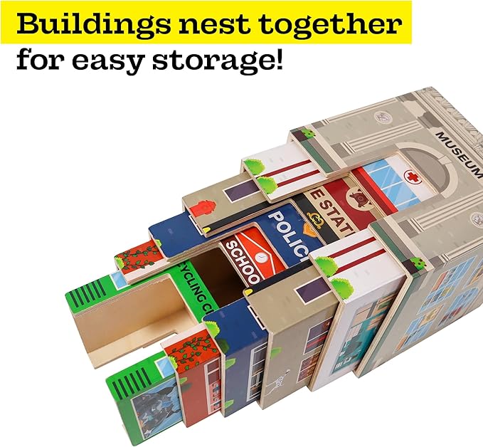 6 Wooden Stacking City Buildings - Nesting Community Helpers Building Boxes - Wood Sorting Cubes Town Play Set for Mats, Toy Cars and Trains - Educational Preschool Track Accessories Learning Toddler