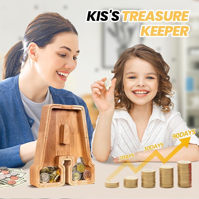 KMC Wooden Letter Piggy Bank, Personalized Initial Piggy Bank for Kids Boys, Clear Alphabet A Wood Money Box, Unbreakable Coin Saving Jar, Birthday, for Children