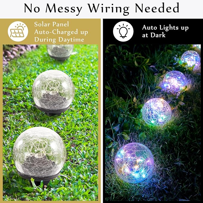 Honoson Decorative Solar Globe Lights Outdoor Waterproof LED Cracked Glass Ball Lights for Pathway, Walkway, Garden, Yard, Lawn Decoration(4 Pcs,3.9 Inch)