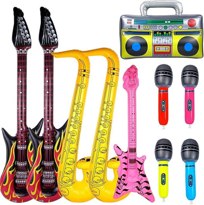 10pcs Inflatable Instruments Party Props Rock Star Toy Set Inflatable Saxophone Bass Rock Microphone Rock Electric Guitar Recorder Suitable for Various Music Parties(Versatile Style)