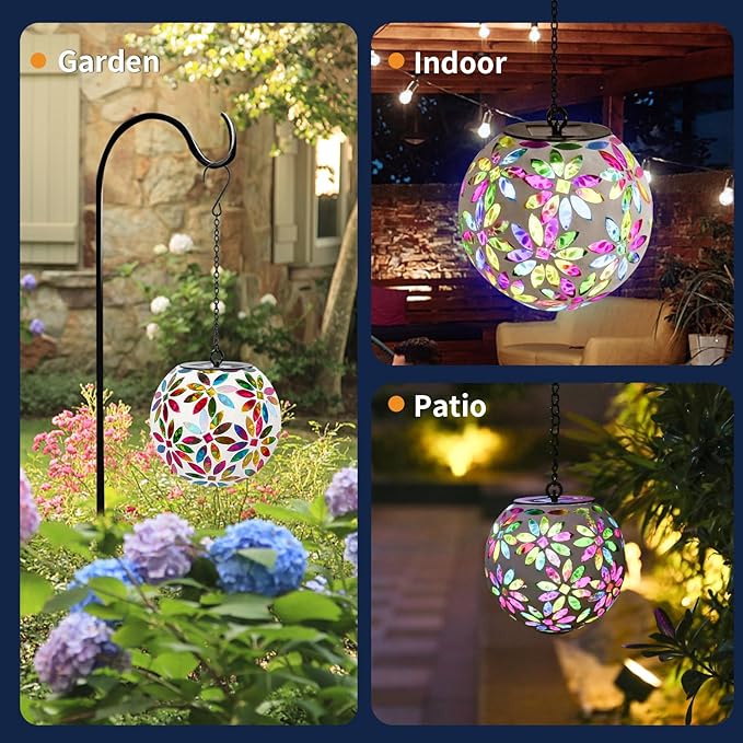VCUTEKA Hanging Solar Lanterns Mosaic Solar Lights with Hook Up, Outdoor Garden Lights Decor for Yard Tree Fence Patio, Multicolor