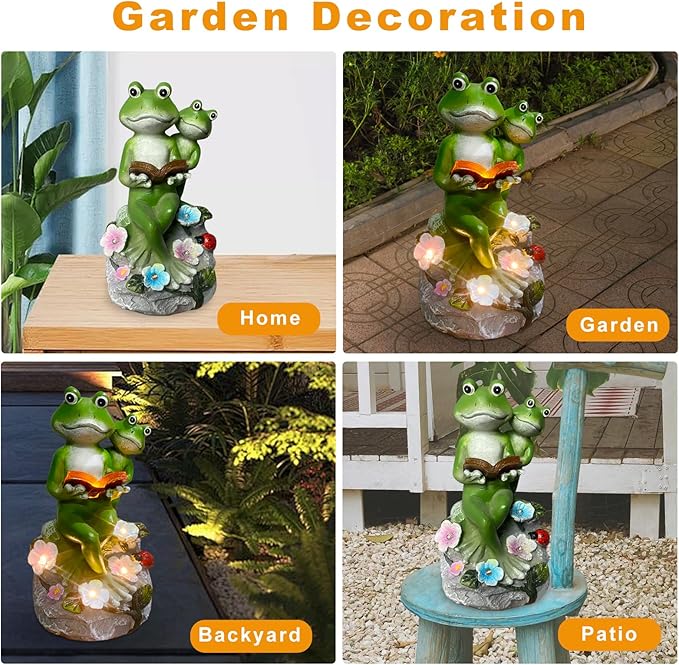 Frog Garden Statue,Frog Garden Decor,Solar Frog Statue Sitting on a Stone Reading a Book with 5 LEDs for Lawn Patio Yard Porch Decoration, Outdoor Garden Decor, yijiayi-008
