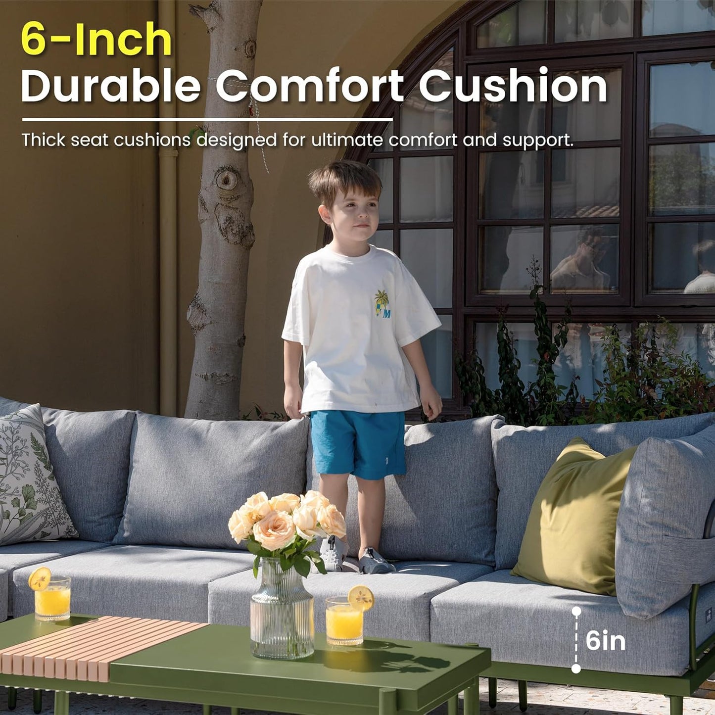 Sundale Outdoor 5 Pieces Metal Patio Furniture Set, Outdoor Sectional Sofa w/6 Inch Olefin Cushion and Coffee Table, Modern Outdoor Conversation Sets