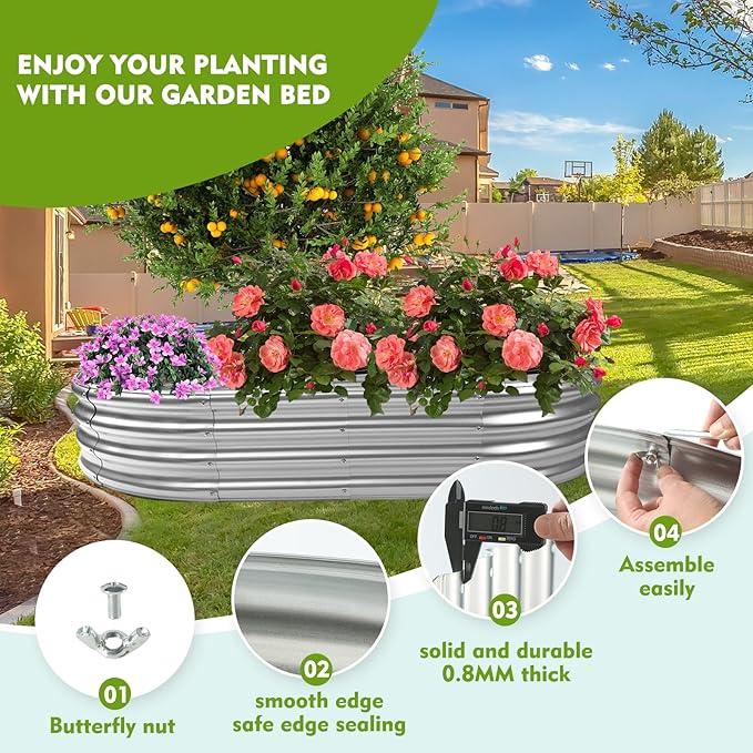 60X32X12 Inches Oval Galvanized Metal Garden Raised Bed/Plant Box for Planting,32 Inches Diameter Iron Fire Pit Ring,Small Animal Fence-3 in 1 Modular Design in Silver (5X2.7X1 FT, Oval)