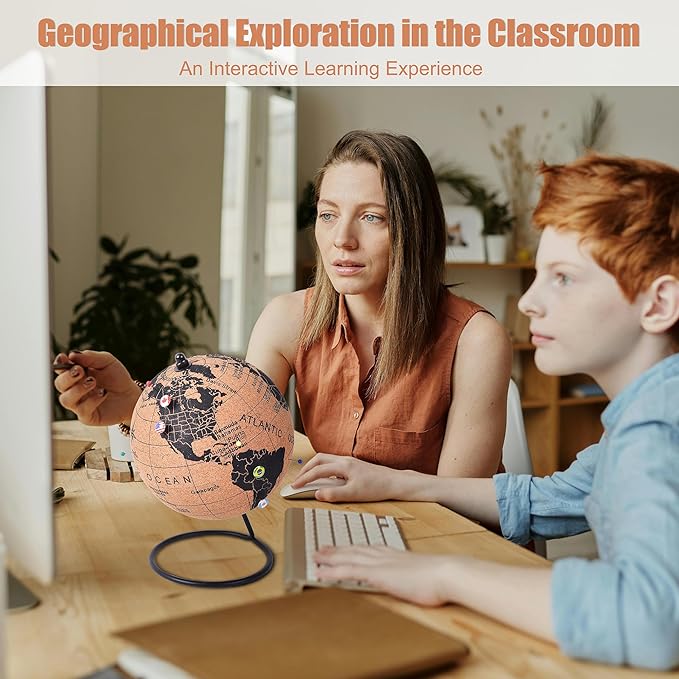 6" Cork Globe with 100 National Flag Pins & 50 Colored Push Pins – Cork World Map with Rotating Stand – Pin Globe for Travel Tracking, Home or Office Decor – Gift for Couples & Families(DH-DQY-145)