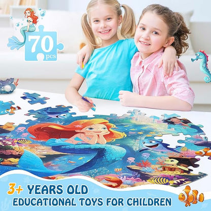 Floor Puzzles for Kids Ages 3-5, 70 Pieces Mermaid Jigsaw Puzzle for Toddler Girls Ages 3 4 5 6 7 8 Year Old, Large Round Underwater Princess Puzzle Educational Learning Toys Birthday Gift