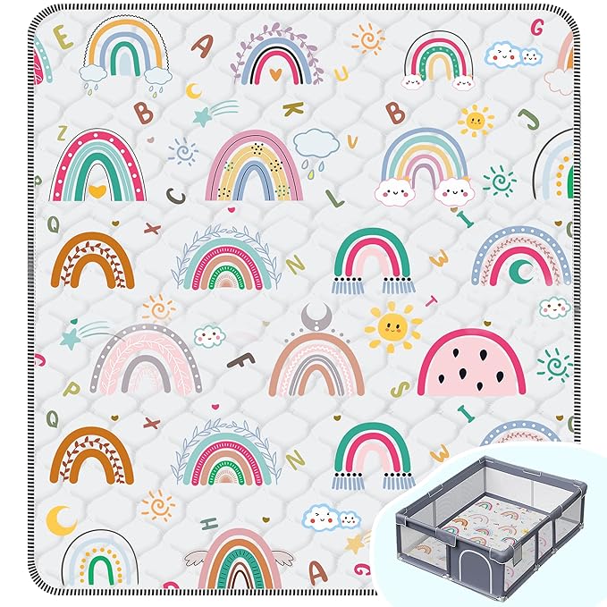 Baby Play Mat，Thick Soft 71" X 59" Playpen mat, Non-Slip and Machine Washable Baby Play Mats for Floor，Crawling Mat for Babies, Toddlers & Infants to Play and Learn (Rainbow)
