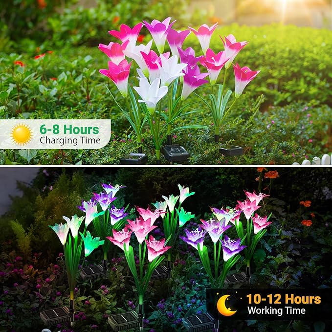 WdtPro Solar Outdoor Lights Garden Decorative 10 Pack, Waterproof Solar Garden Lights with 40 Lily Flowers, Multi-Color Changing Outdoor Solar Lights for Yard Outside Garden Decorations