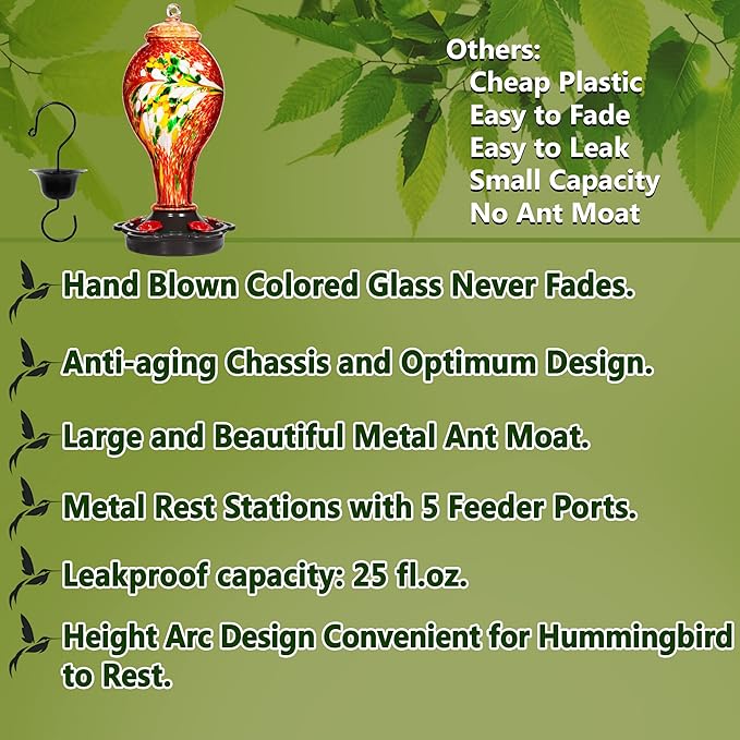 LUJII Hummingbird Feeder for Outdoors, Hand Blown Glass Humming Bird Feeder, Anti Fade Leakproof with 25 Ounces Nectar Capacity, Easy to Install Clean Refill, Include Hook & Ant Moat (Red)
