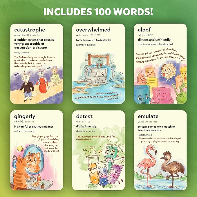 Skillmatics Vocabulary Flash Cards for Kids - Learn 100 Words with Wordplay, Visuals, & Soundplay, Christmas Stocking Stuffers, Educational Gifts for Ages 8, 9, 10 & Up, Screen-Free Language Game