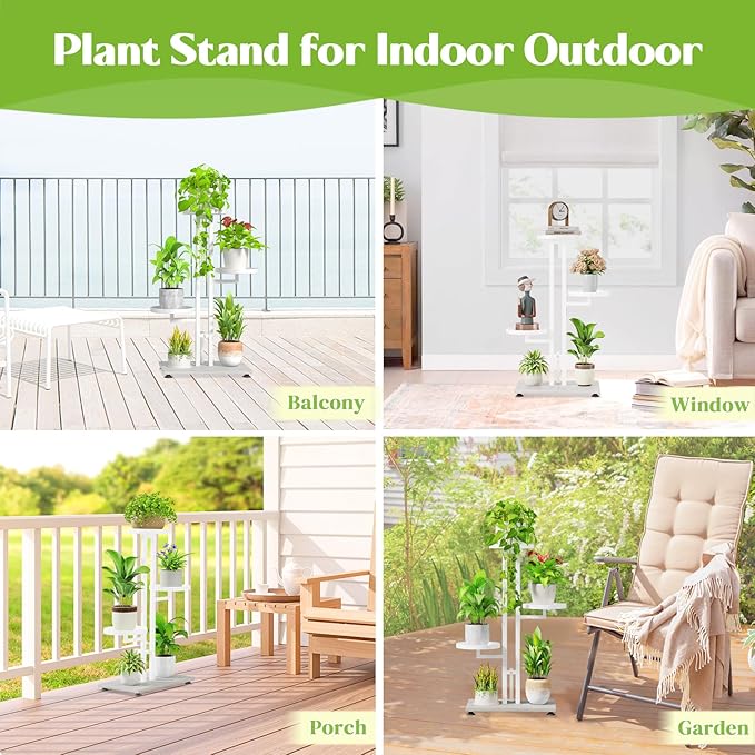 iDavosic.ly 4 Tier Plant Stand Indoor Outdoor, Tiered Corner Multiple Flower Pot Holder Shelf, Metal 28 Inch Tall Display Rack for Patio Porch Living Room Garden Balcony Bedroom, White