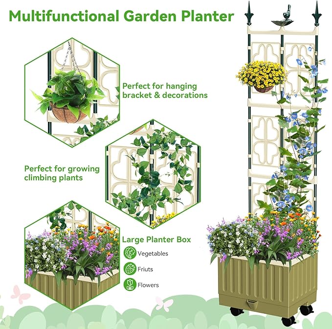Tomato Planter with Trellis,61.4" Self-Watering Tomato Cage Raised Garden Bed Planter Box with Trellis & Wheels for Climbing Plants Vegetable Vine Flowers