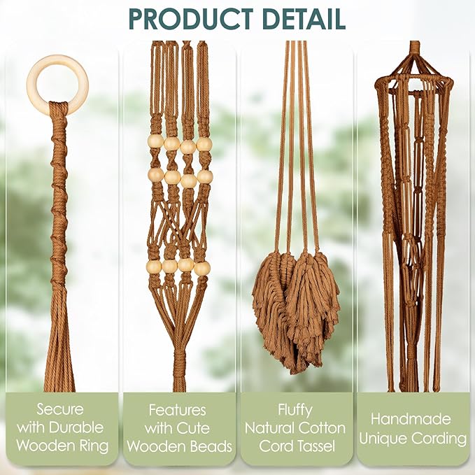 ANROYE Macrame Plant Hanger for Indoor Set of 4, Bohemian Hanging Planter with Tassels for Flower Pot, Boho Decorative Houseplant Rope Holder for Home Decor Bedroom Window Farmhouse
