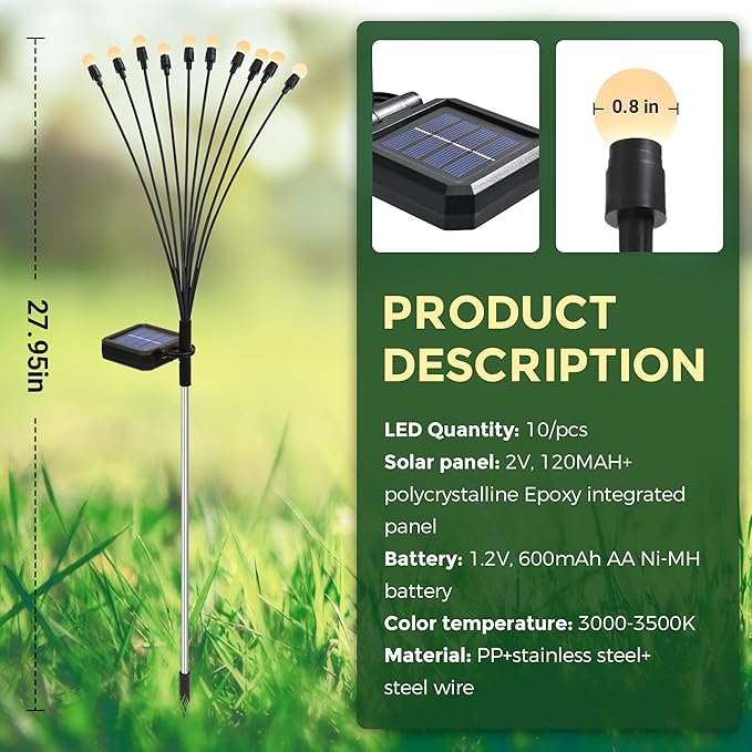 Solar Garden Lights, 40 LED Firefly Garden Lights Solar Outdoor, Solar Lights for Outside Sway by Wind,Solar Lights Outdoor Waterproof for Christmas Yard Patio Pathway Decoration (4 Pack)