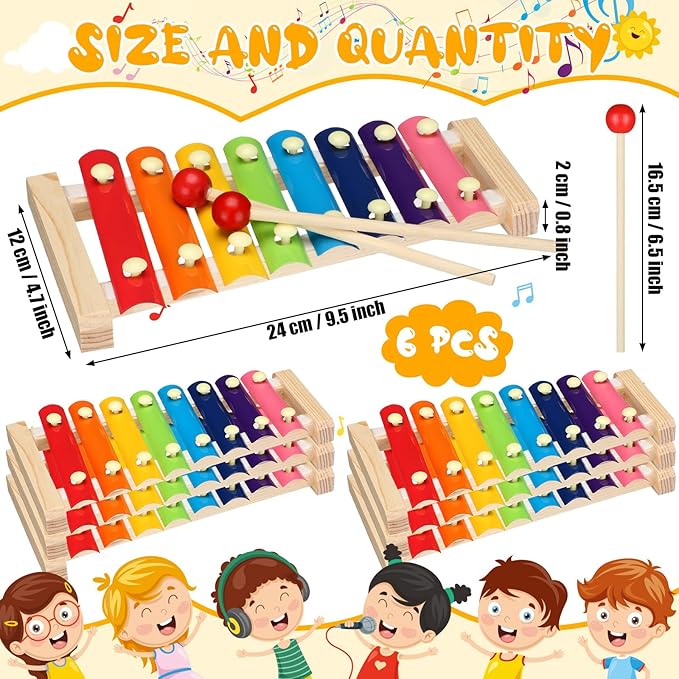 6 Pcs Xylophone for Kids Wooden Xylophone with Mallets Musical Instrument Wood Baby Percussion Kit for Educational Preschool Music Learning