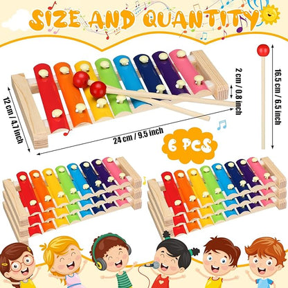 6 Pcs Xylophone for Kids Wooden Xylophone with Mallets Musical Instrument Wood Baby Percussion Kit for Educational Preschool Music Learning