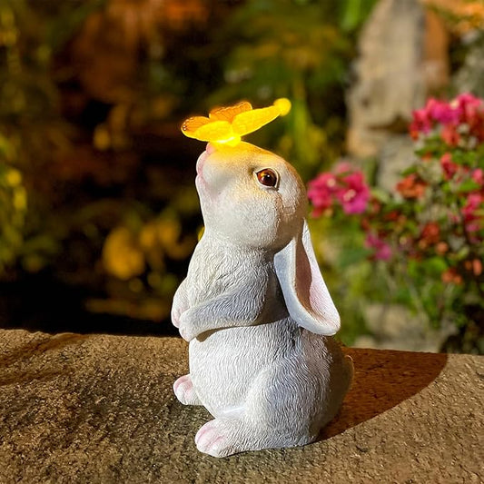 Solar Rabbit Statue Easter Bunny Decor Garden Statue for Outside, Rabbit with Butterfly Patio Sculptures Lawn Ornament, Funny Gifts for Women Mom Grandma Spring Outdoor Decor