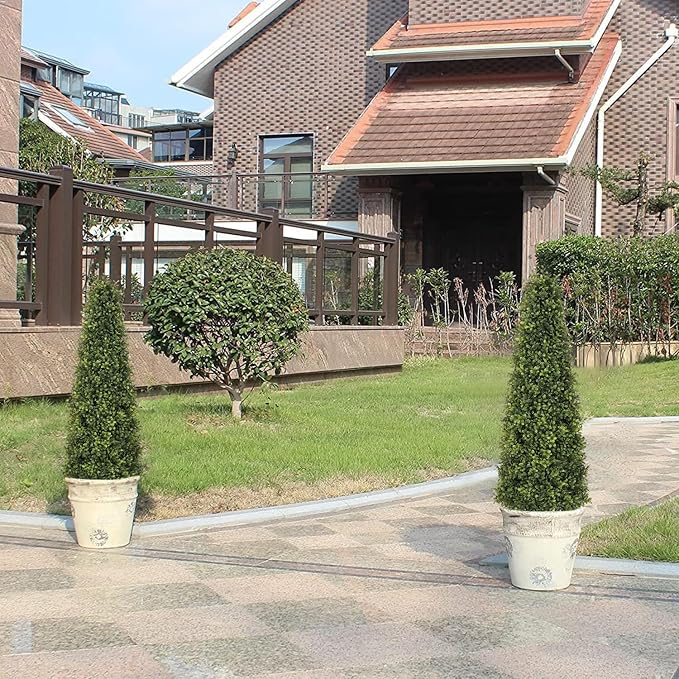 4ft Artificial Boxwood Topiary Trees (Set of 2) - UV Resistant Faux Plants Outdoor, Realistic 48in Fake Potted Bushes and Shrubs for Front Porch, Planter, Patio - Low Maintenance & Evergreen