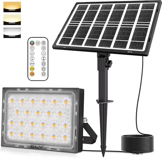 CLY LED Solar Lights Outdoor IP66 Waterproof, Bright Solar Dusk to Dawn Light 5000mah, Adjustable Angle, Solar Powered Security Flood Light 5M Cable for Wall Porch Shed Barn 2700K 4000K 6000K