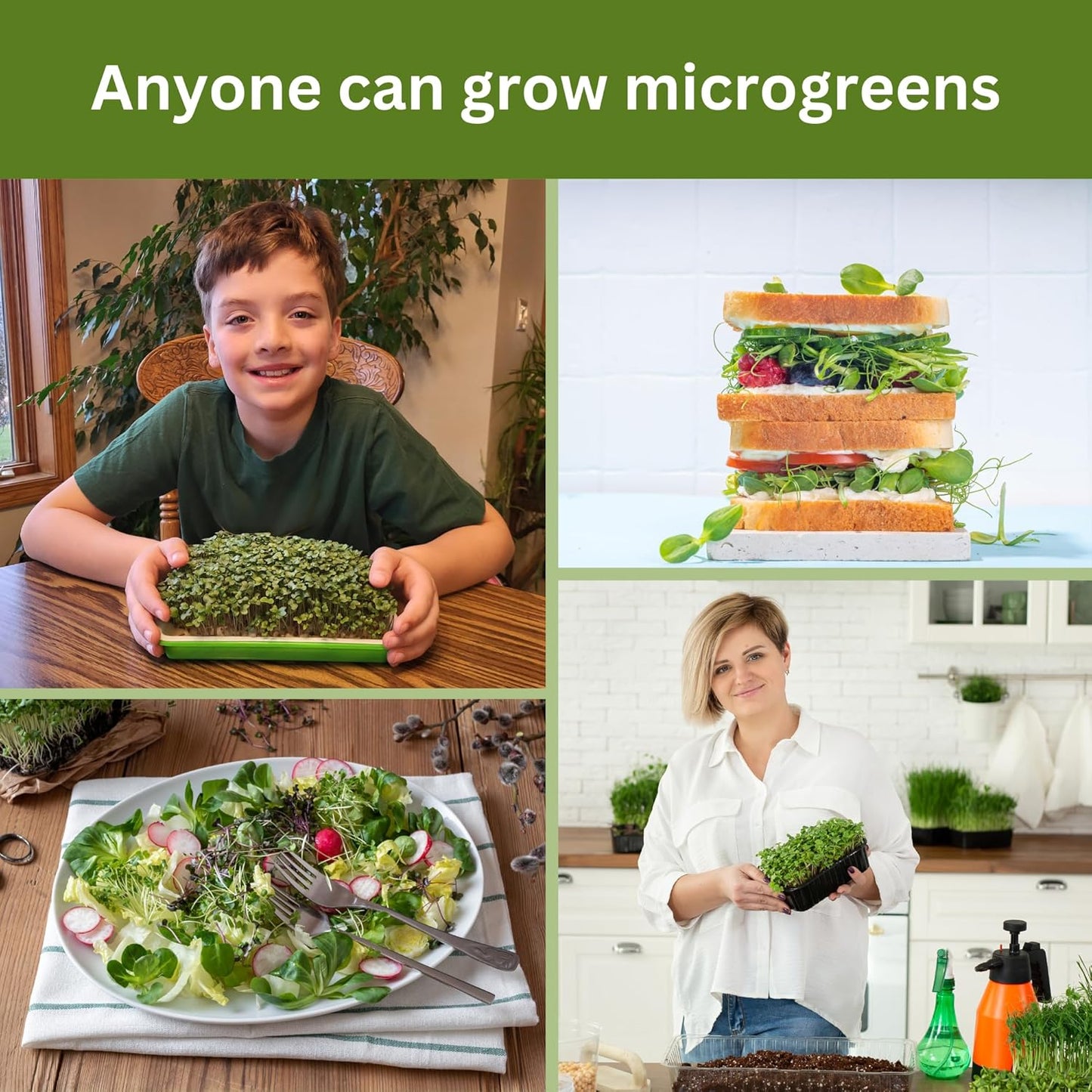 Complete Home Microgreens Kit - Organic Indoor Garden System - Includes 2 Sets of Reusable Trays, Premium Spray Mister, Coco Coir Growing Medium, 2 Packs Organic Seeds – Radish and Broccoli