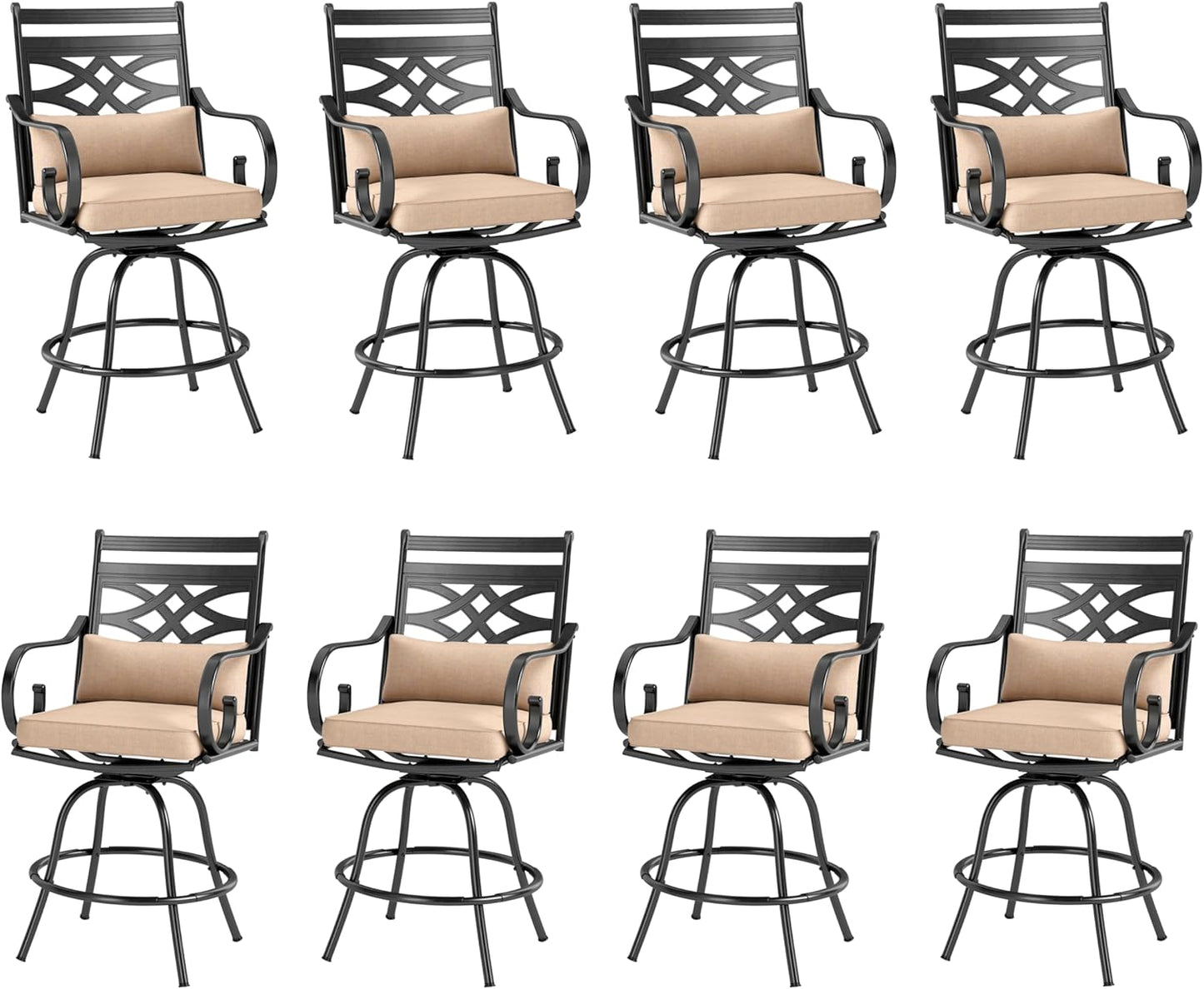 PHI VILLA Outdoor Swivel Bar Stools Set of 8，Patio Counter Height Bar Chairs with Back and Armrest，Metal,Black