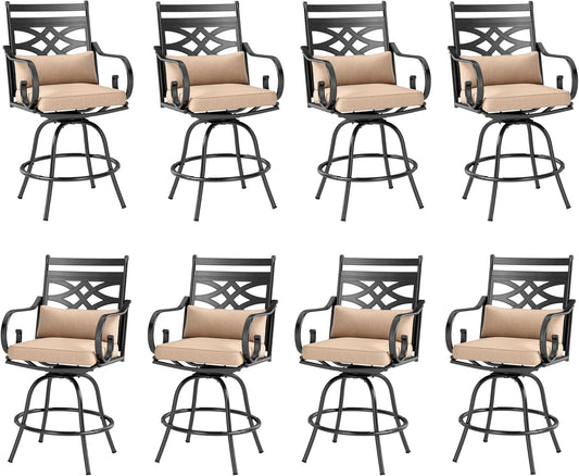 PHI VILLA Outdoor Swivel Bar Stools Set of 8，Patio Counter Height Bar Chairs with Back and Armrest，Metal,Black