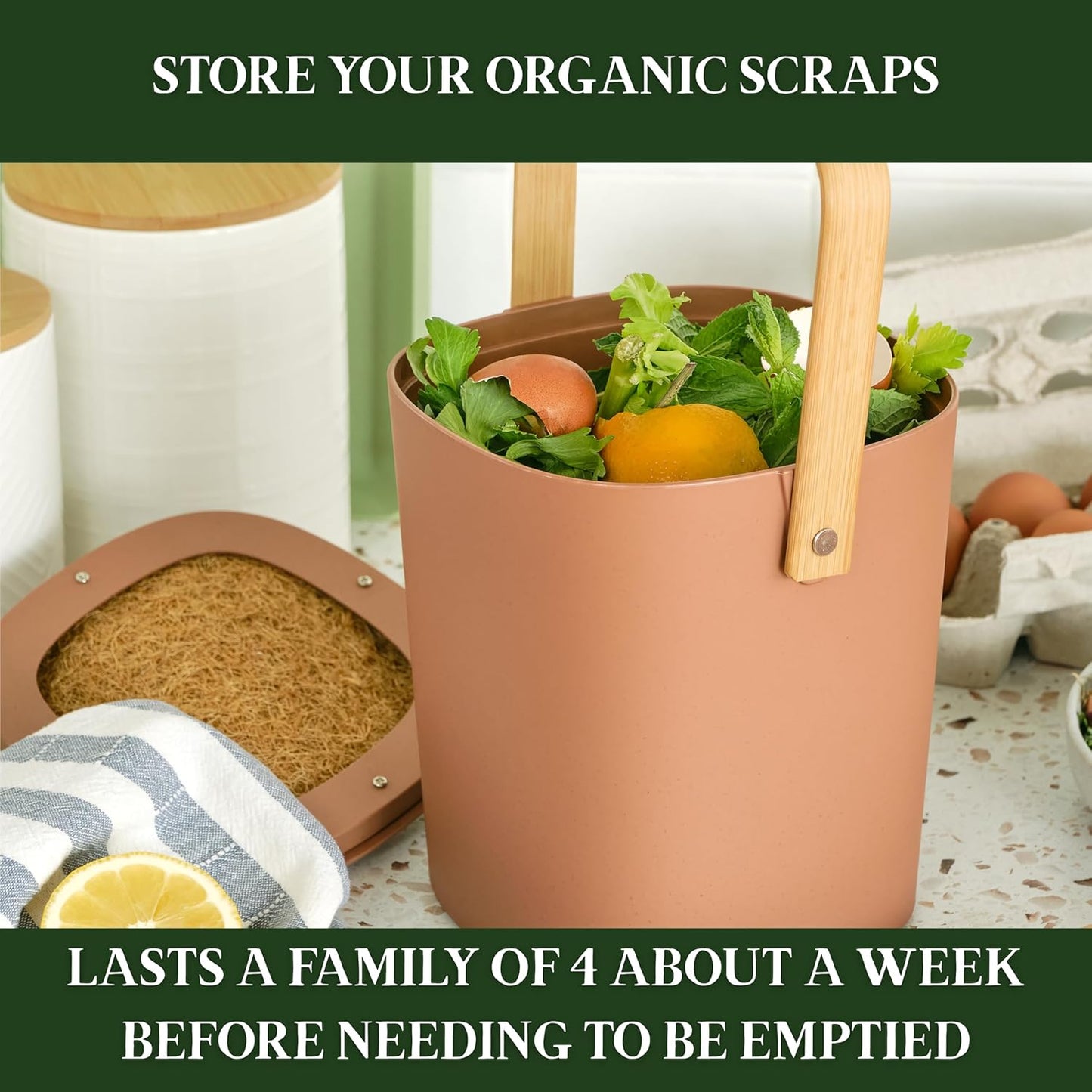 Bamboozle - 1 Gallon Compost Bin, Comes with Hemp-Based Filter, Sustainable Materials, Indoor Countertop Composter, Home & Garden Supplies, Terracotta