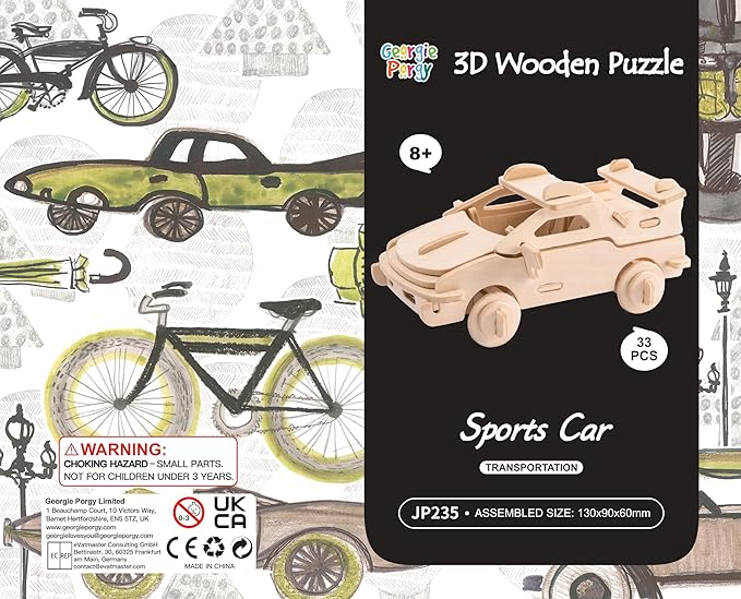 Georgie Porgy 3D Wooden Puzzles for Kids Toys Construction Woodcraft Kits DIY Model Puzzle Kits Birthday Gifts Pack of 3 (Seaplane Sports Cars London Bus)
