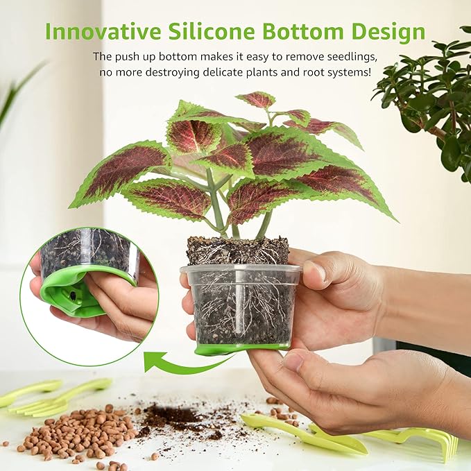 MIXC 30 Packs 4" Reinforced Clear Nursery Pots with Silicone Base for Easy Transplant, Transparent Plastic Plant Pot Reusable Seedling Pots Seed Starter Pots Flower Pot, Green