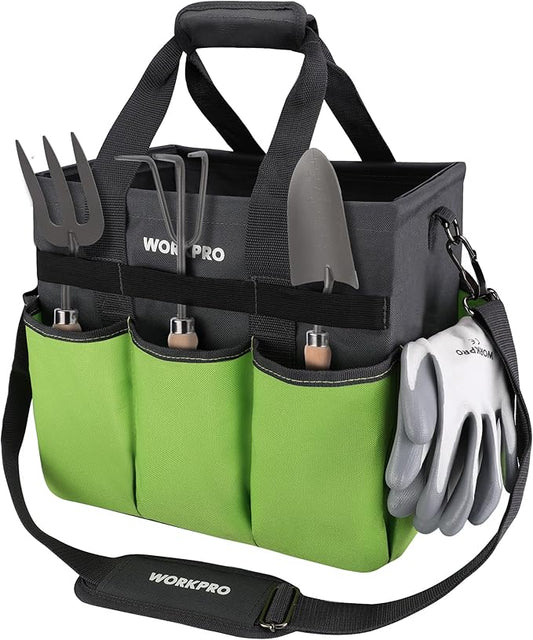 WORKPRO Garden Tool Bag Organizer, Heavy Duty Gardening Tote Bag with 10 Pockets and Long Adjustable Shoulder Strap, Standable Garden Home Tool Kits Organizer, Green