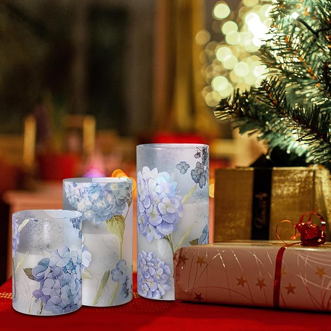Hydrangea Flameless Candles Flickering, Spring LED Battery Operated Candles with Remote Timer, Glass and Real Wax Pillar Candles for Garden Home Decor(Set of 3, D3 xH4 5" 6")