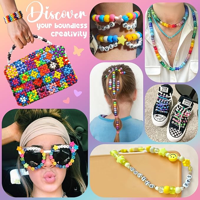 Gionlion 7 Boxes Pony Beads Bracelet Making Kit, 144 Colors 4700Pcs 6x9mm Kandi Rave Beads, Friendship Bracelet Kit with 800Pcs Letter Bead for DIY Jewelry, Keychains, Arts and Crafts for Kids Girls