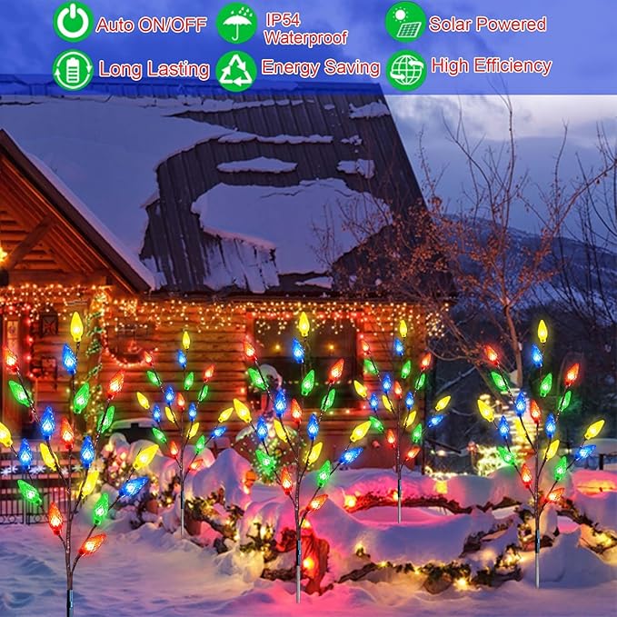 Upgraded 4 Pack Solar Christmas Garden Stake Lights for Christmas Decorations, 8 Modes Solar Christmas Yard Stake Outdoor Waterproof Christmas Strawberry Lights for Garden Patio Yard Pathway Grave