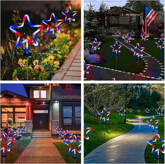 BlcTec 4th of July Decorations, 4PCS Red White and Blue Lights with Stainless Steel Stakes, 4 Big LED Neon Stars Patriotic Lights with Waterproof for Independence Day Garden Yard Lawn Decor, Plug in