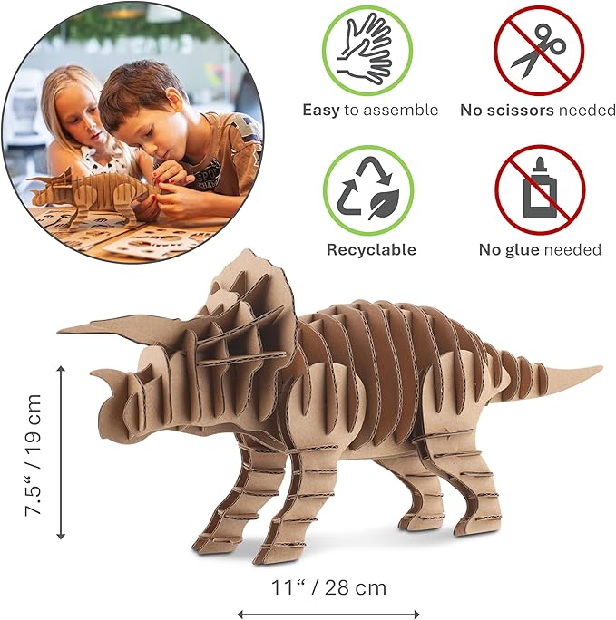 Cottify Dinosaur 3D Cardboard Puzzle - Fun 3D Puzzles for Adults & Kids, Easy to Assemble 3D Puzzle, Eco-Friendly, No Scissors or Glue Needed, Perfect Sustainable Gift (Triceratops)