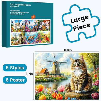 6 Packs 16 Large Piece Puzzle for Seniors Puzzle Dementia Alzheimer's Products Activities for Seniors Elderly Adult Dog Cat Turtle Easy Jigsaw Puzzle Alzheimers Memory Games with 6 Storage Bags