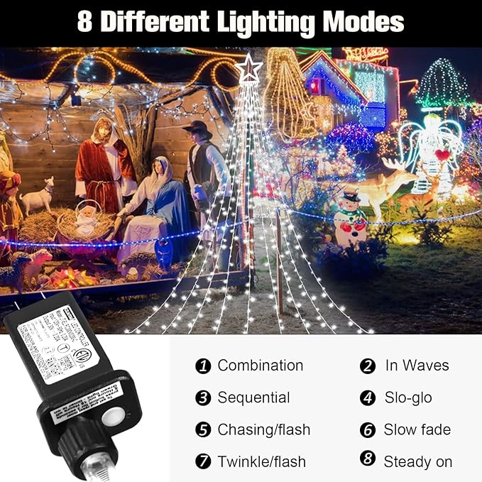 Christmas Decorations Star String Lights, 320 LED Waterfall Tree Lights with 13" Topper Star 8 Lighting Modes Indoor Outdoor Decorative for New Year, Holiday, Wedding, Party