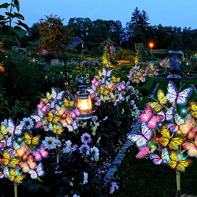 Solar Garden Lights Outdoor Waterproof Decorative Solar Lights Outdoor 2 Pack with 44 LED 34 Butterfly Flower Garden Decor Yard Patio Lawn, Gifts for Mother's Day Mom Women