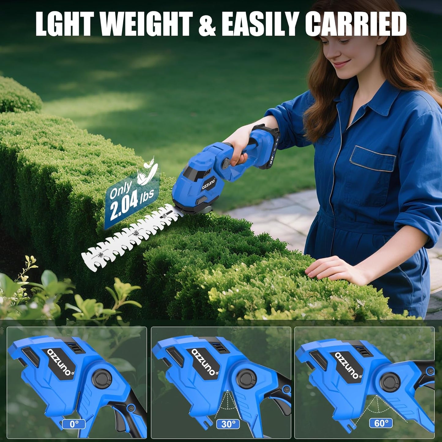 AZZUNO Cordless Hedge Trimmer, 2-in-1 Electric Grass Shears Shrubbery Trimmer with Battery，Handheld Grass Cutter Shrub Trimmer for Gardens, Yards, Lawns, Including Charger (1 Battery)